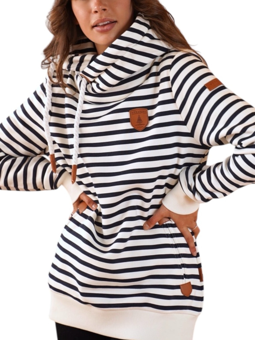 Wanakome Navy Ivory Stripe Cowl Neck Hoodie XS Terry Pullover - Picture 15 of 15